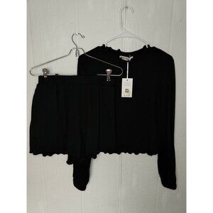 GRACE KARIN High Neck Stretchy Long Sleeve Cropped Blouse & Shorts Set Black S